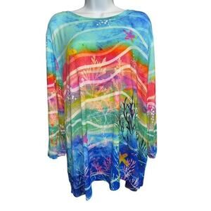 Ali Miles 2X Top Pink Blue Green Floral Soft Stretch Woven Pullover 3/4 Sleeves